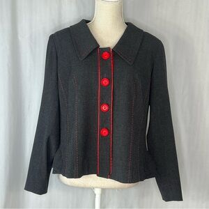 Vex Collection Peplum Jacket Dark Gray Red Top Stitching & Buttons Size 42/L 👍
